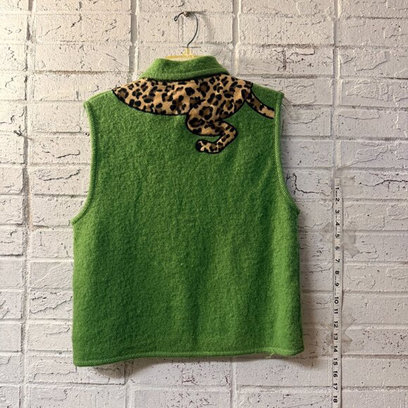 Lisa International Green Boiled Wool Leopard Cat Vest | Vintage Novelty - Picture 7 of 10